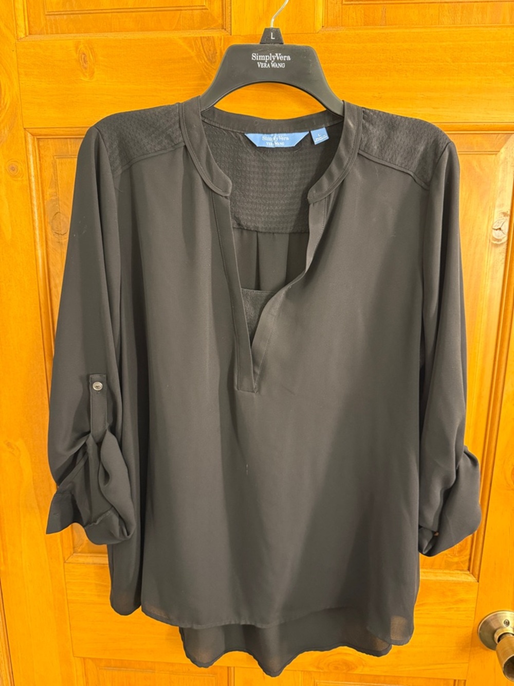 Vera Wang Black Split-Neck Roll-Sleeve Blouse